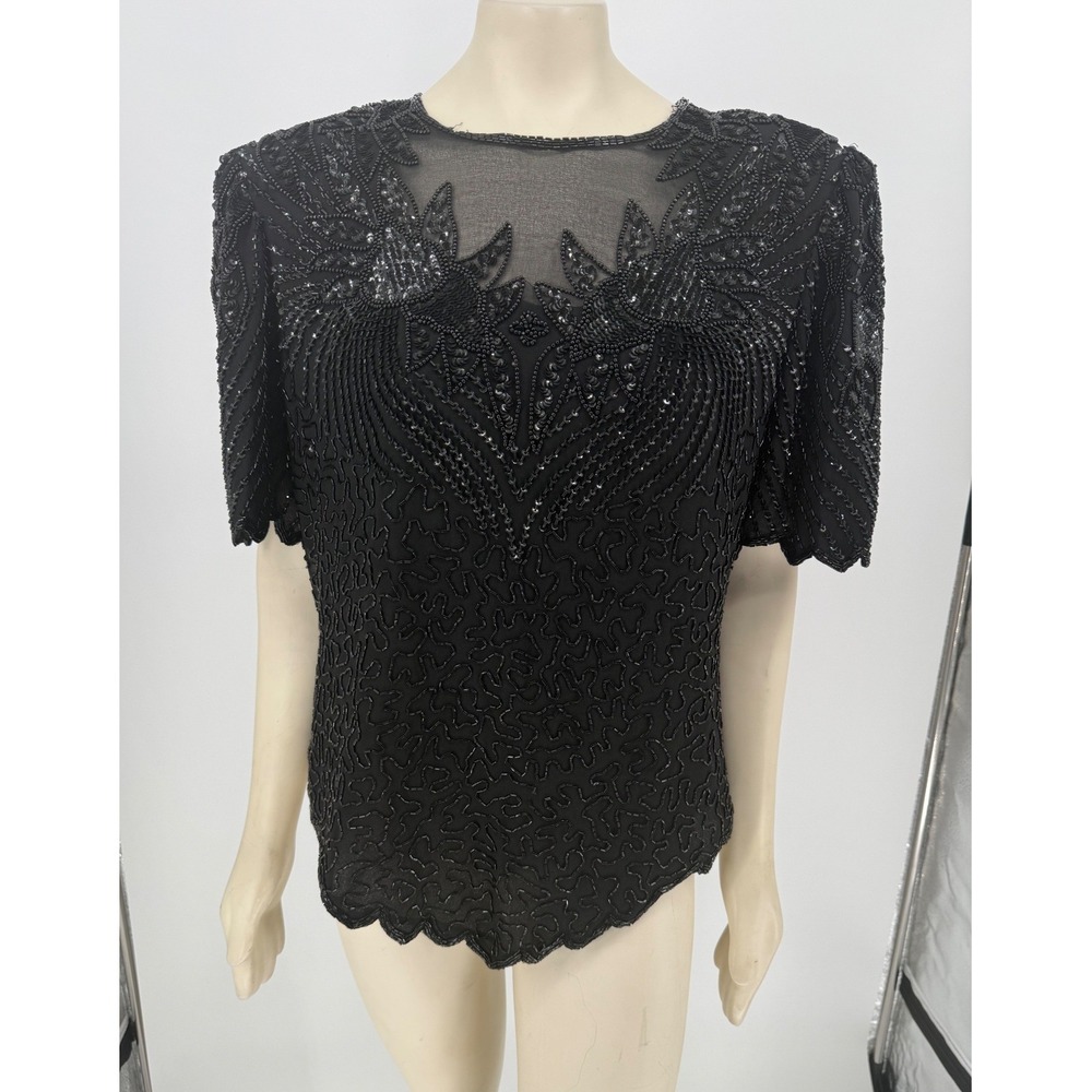Vintage Laurence Kazar 1X Black Silk Beaded Sequin Blouse Sheer Cocktail Evening
